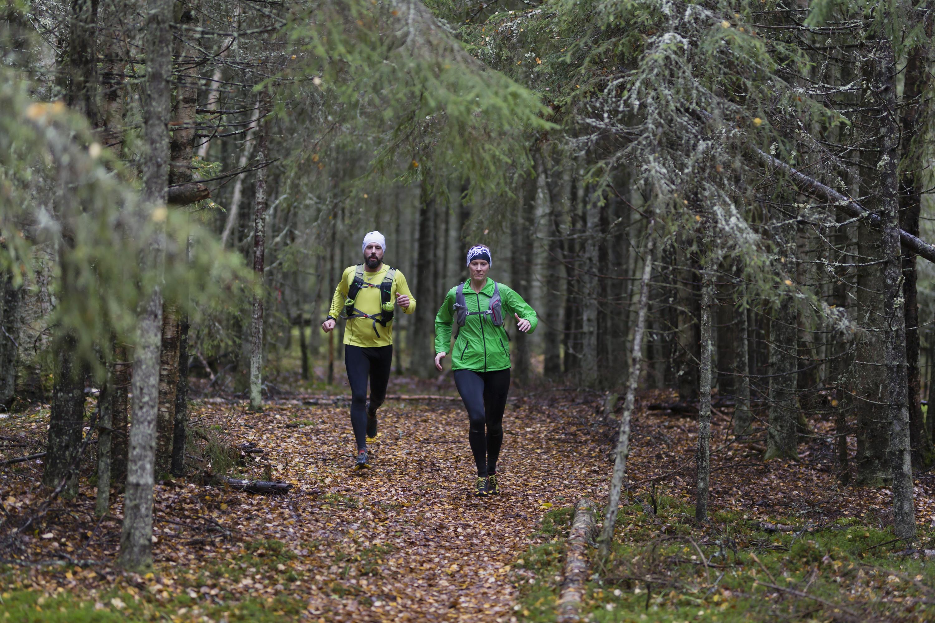 Två personer på löptur i skogen