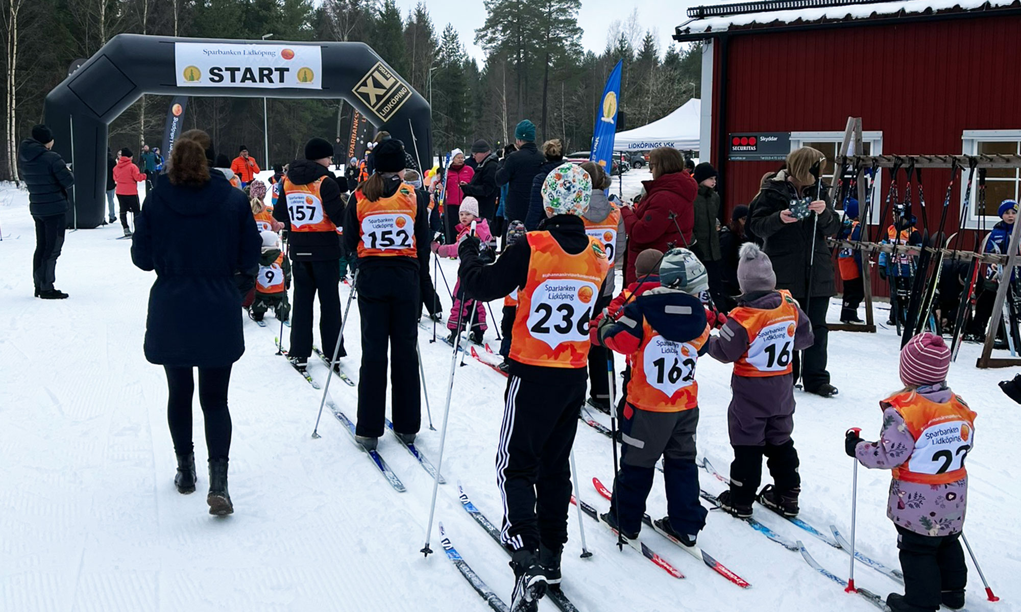 Barn på längdskidor står i startled